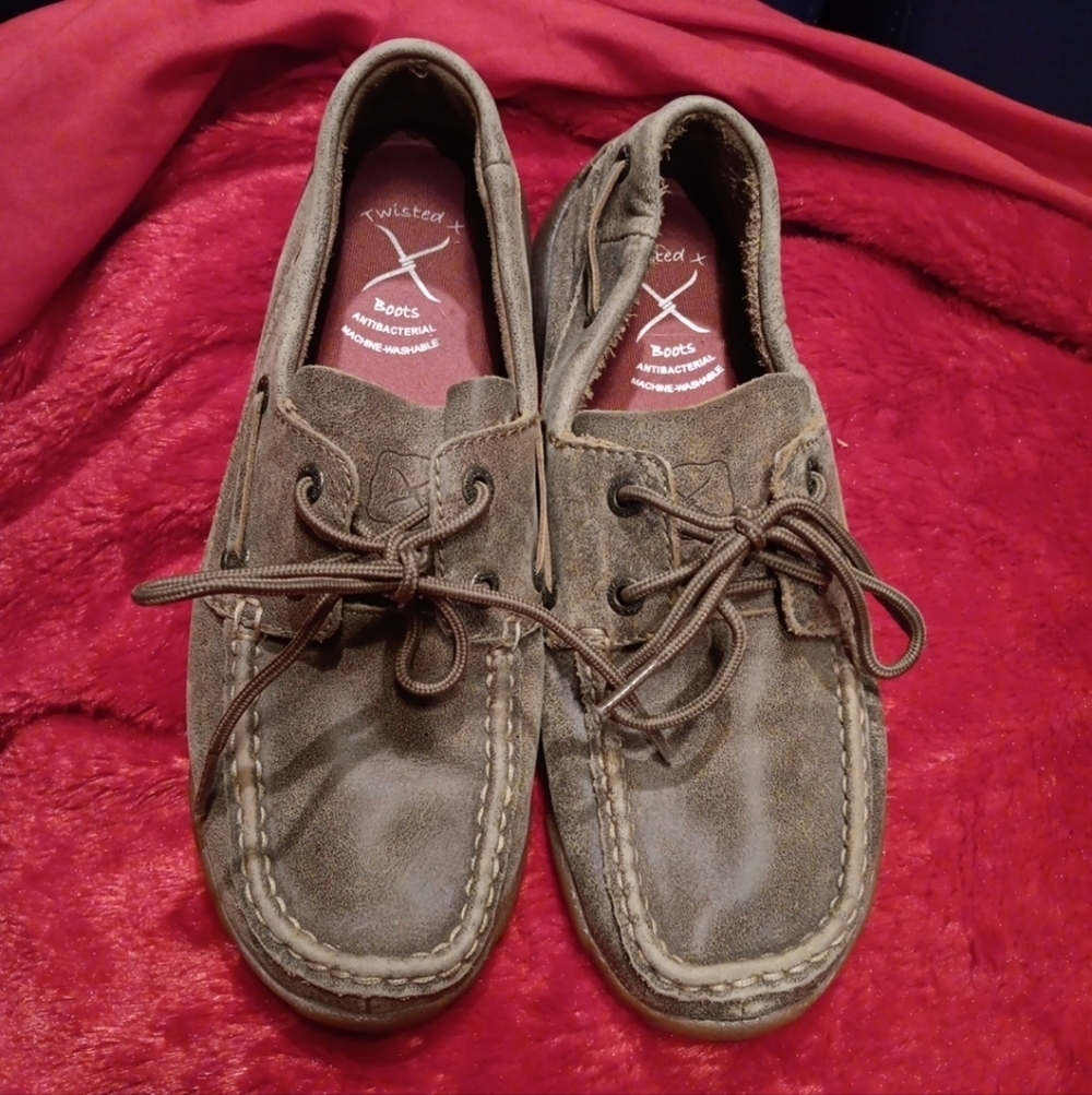 Twisted X Boat Shoes Size 6.5 Driving Moc Brown Leather Lace Up Low Top Women